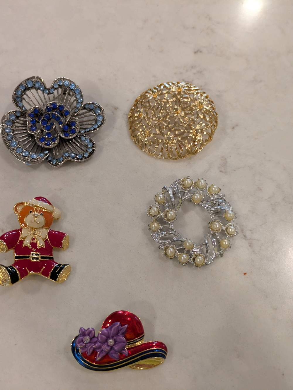 Decorative Assorted Brooch Set 5- Gold, Silver, Blue, Red, Purple, Cream Accents